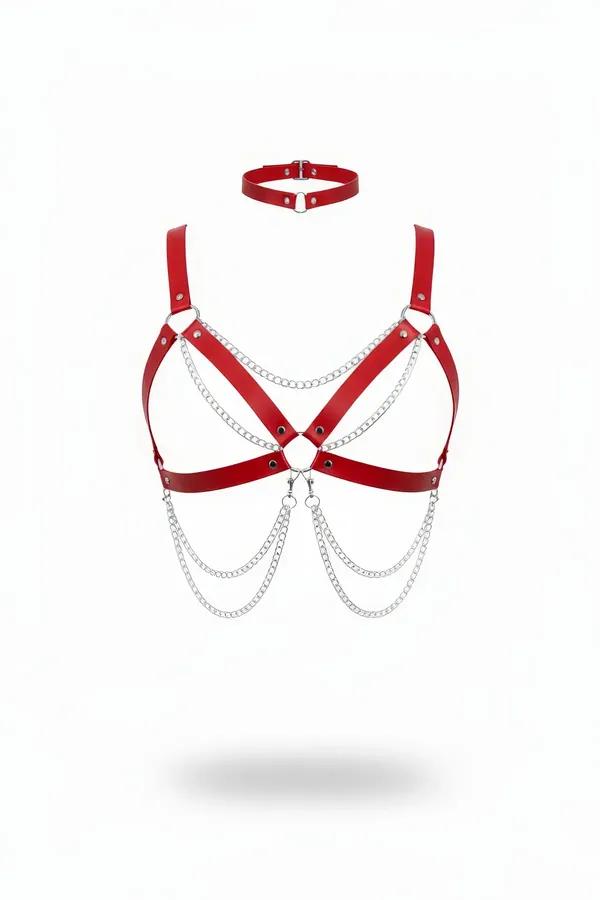 kırmızı vegan deri vücut harness gümüş zincirli ve choker set çapraz bant kadın aksesuar