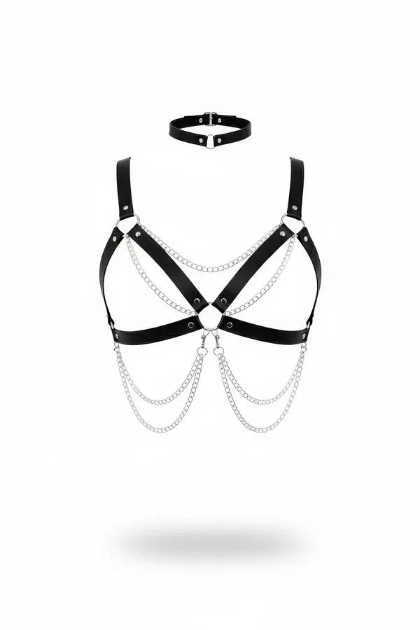 siyah vegan deri çapraz bantlı göğüs harness gümüş zincir drapeli choker set beyaz fon