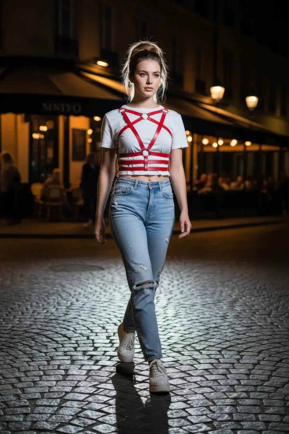 Kafes harness üzerindeki gümüş metal O-halka donanımı ve 1,5 cm düz kırmızı suni deri askıların yakın çekimi