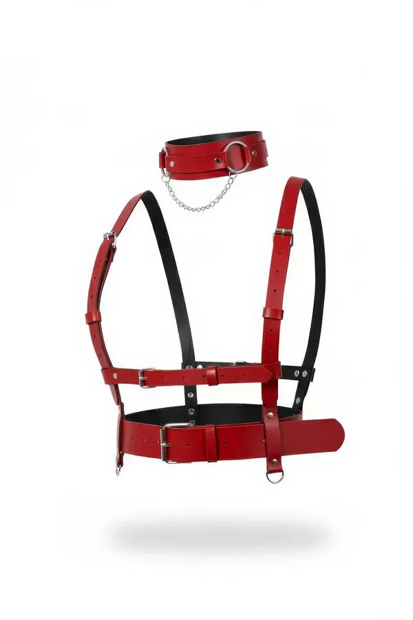 kırmızı vegan deri vücut harness yakalık gümüş zincir tokalı aksesuar
