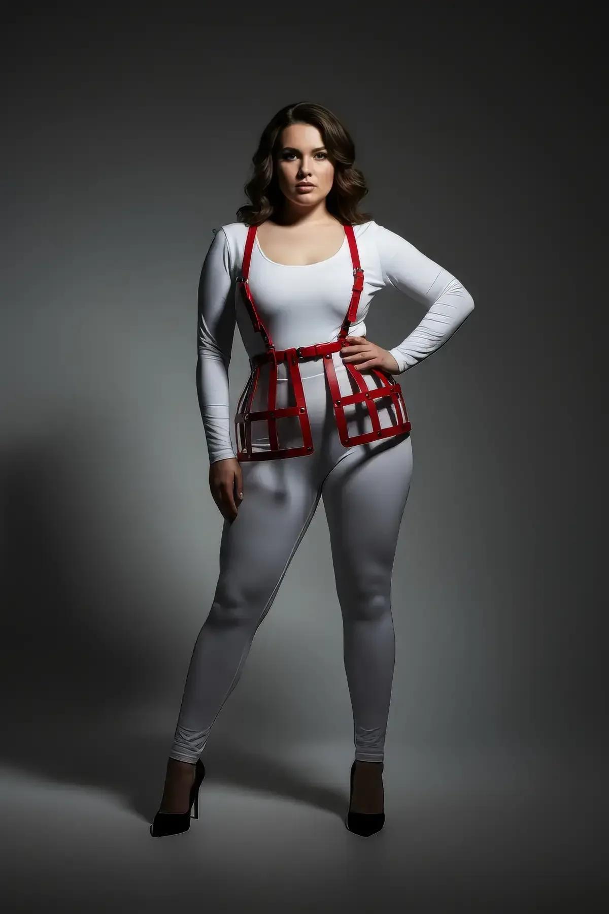 Yüksek belli tayt üzerine beyaz body ile layered kırmızı kafes underbust harness yelek