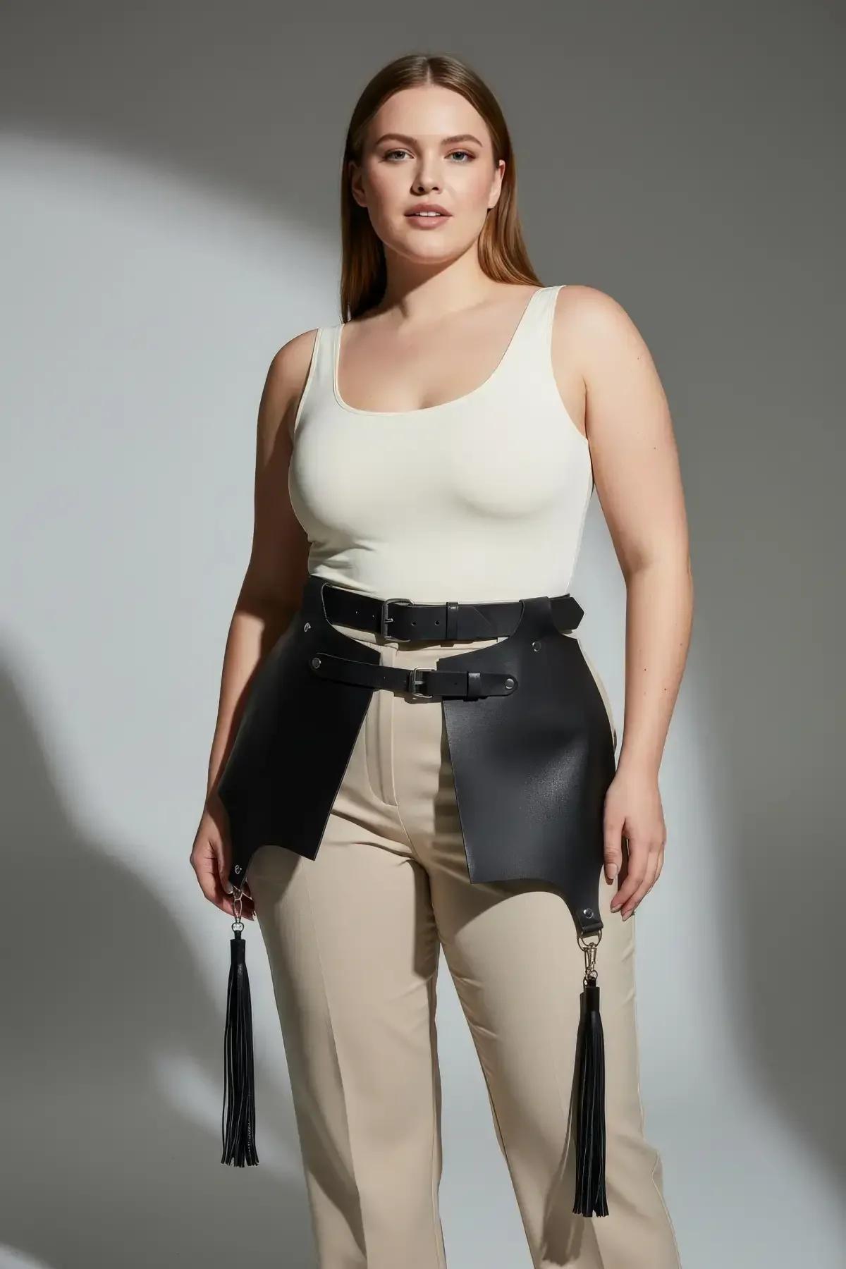 plus size siyah deri görünümlü bel kemeri etek panel arkadan profil
