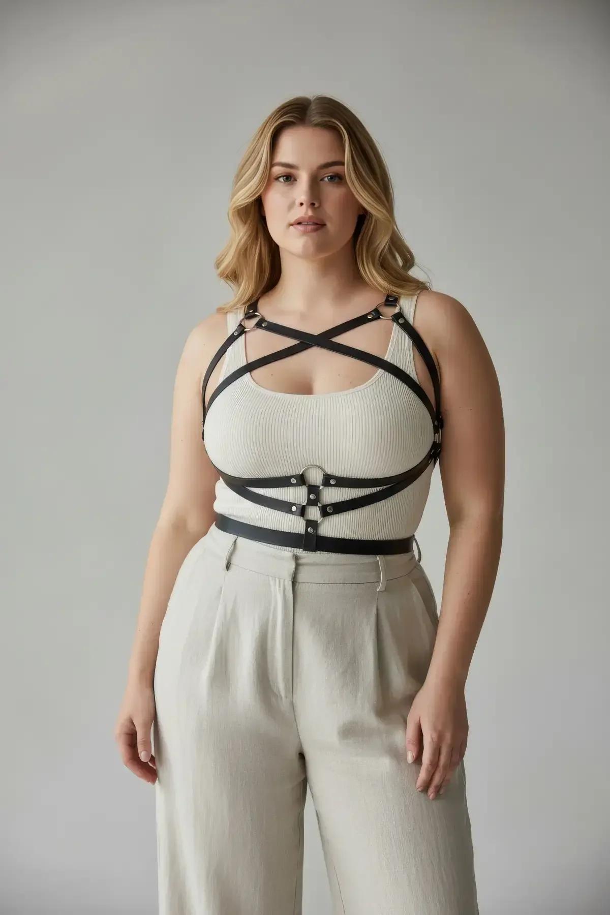 Gümüş tonu metal toka yakın çekim detaylı siyah vegan deri harness X-askı göğüs detayı