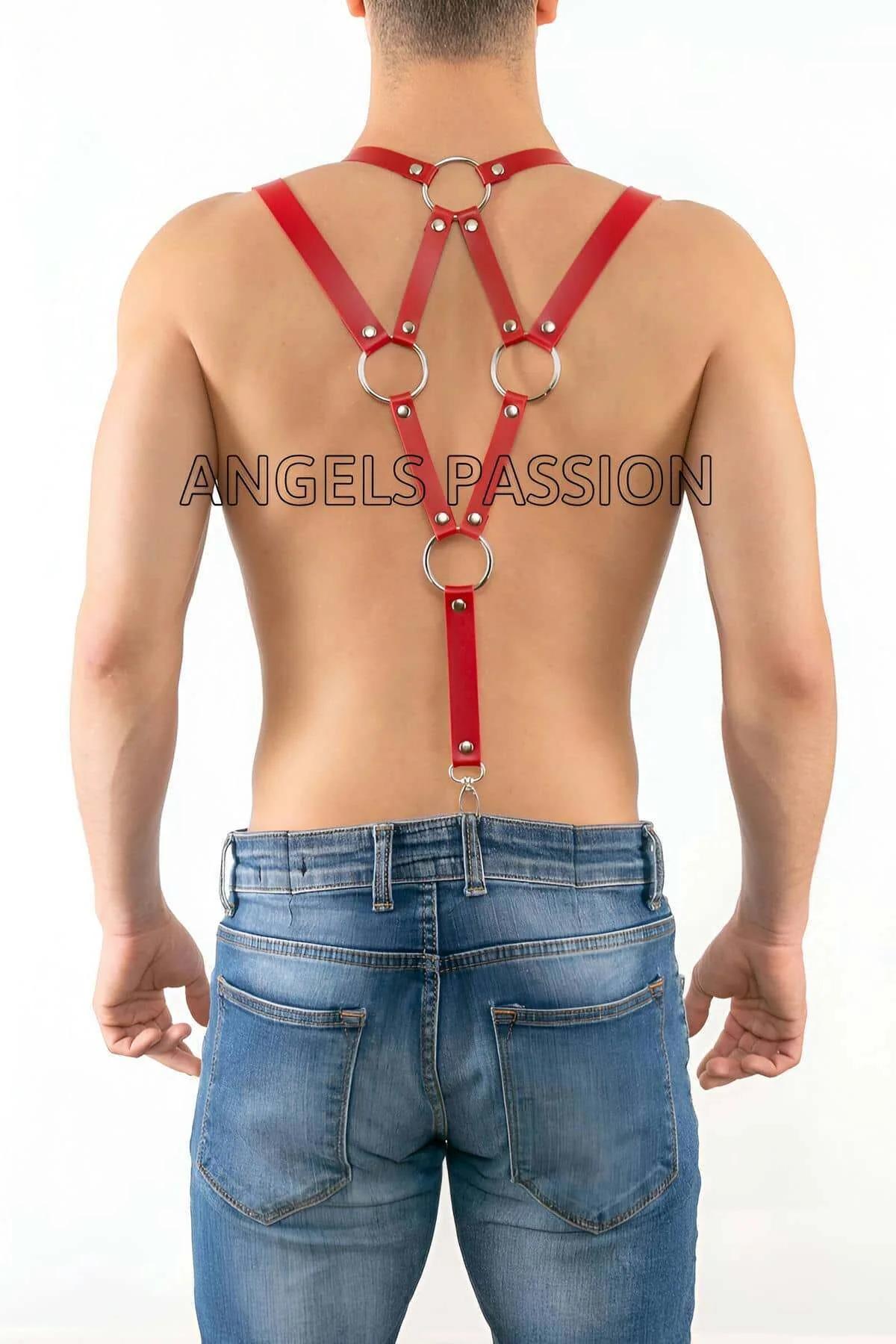 kırmızı PU deri pantolon askılı harness dikey askılardaki gümüş iğne-toka ayarlayıcılar