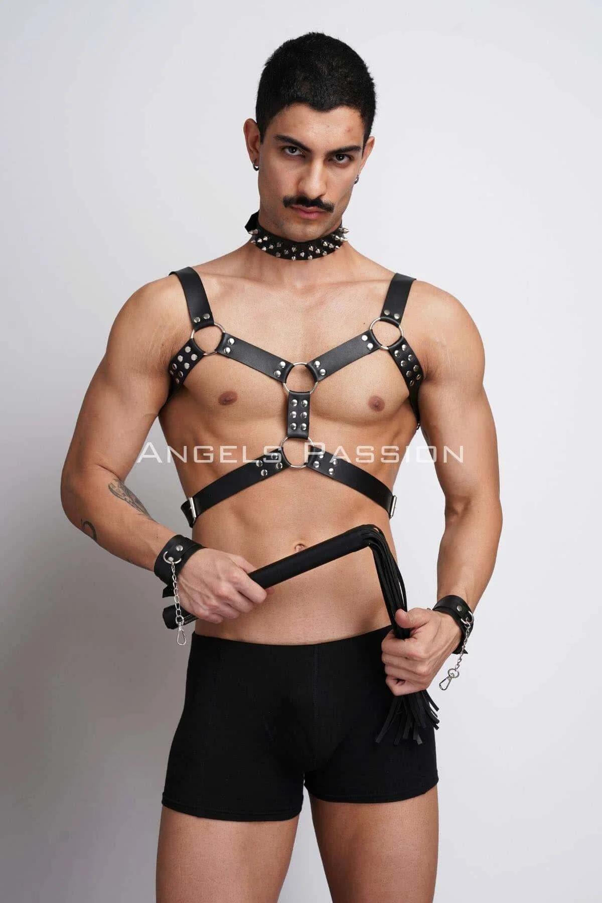 siyah vegan deri erkek harness takım çivili choker O-ring göğüs bandı zincirli bileklik ve kırbaç