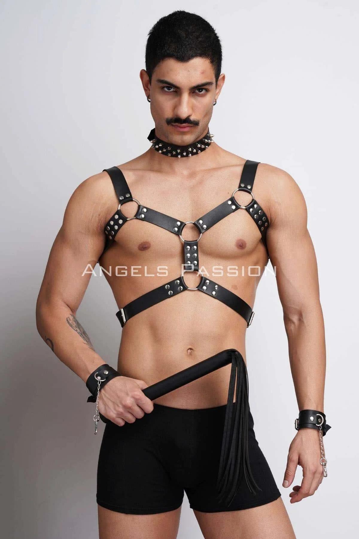 Kırbaç ve Çivili Choker Detaylı Erkek Fantazi Giyim, Deri Erkek Harness Takım - APFTM102