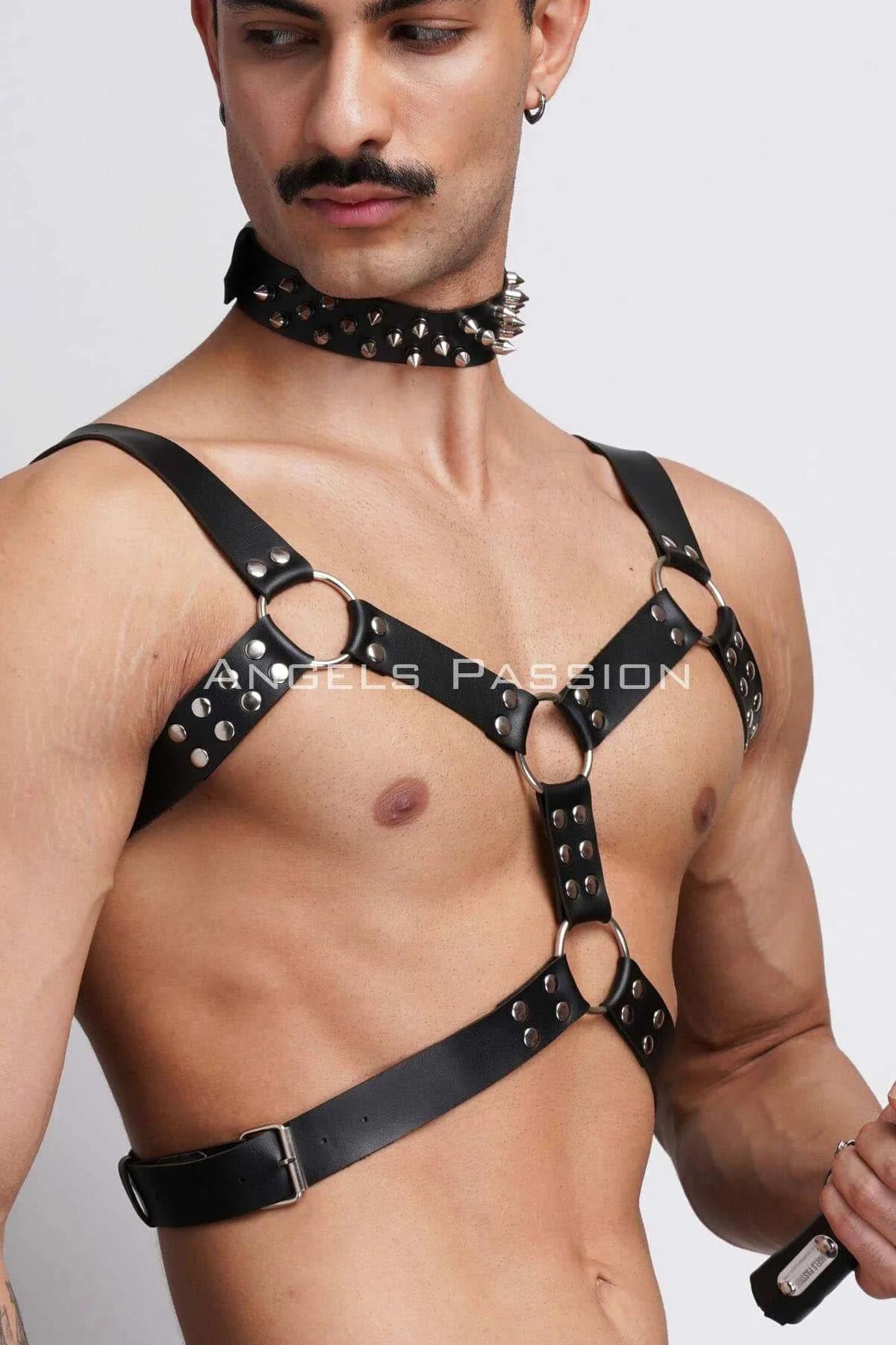 Kırbaç ve Çivili Choker Detaylı Erkek Fantazi Giyim, Deri Erkek Harness Takım - APFTM102