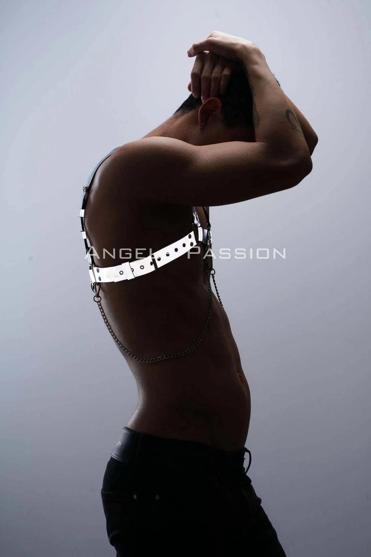 Reflektörlü (Karanlıkta Parlayan) Zincir Detaylı Şık Erkek Göğüs Harness, Reflektörlü Clubwear - APFTM109