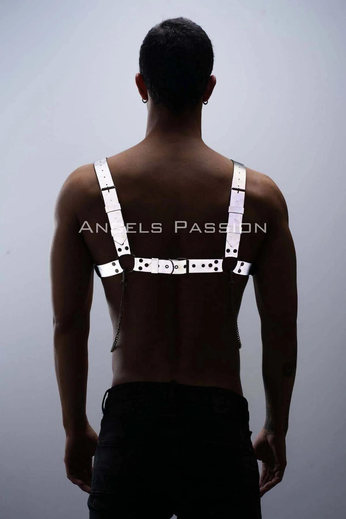 Reflektörlü (Karanlıkta Parlayan) Zincir Detaylı Şık Erkek Göğüs Harness, Reflektörlü Clubwear - APFTM109