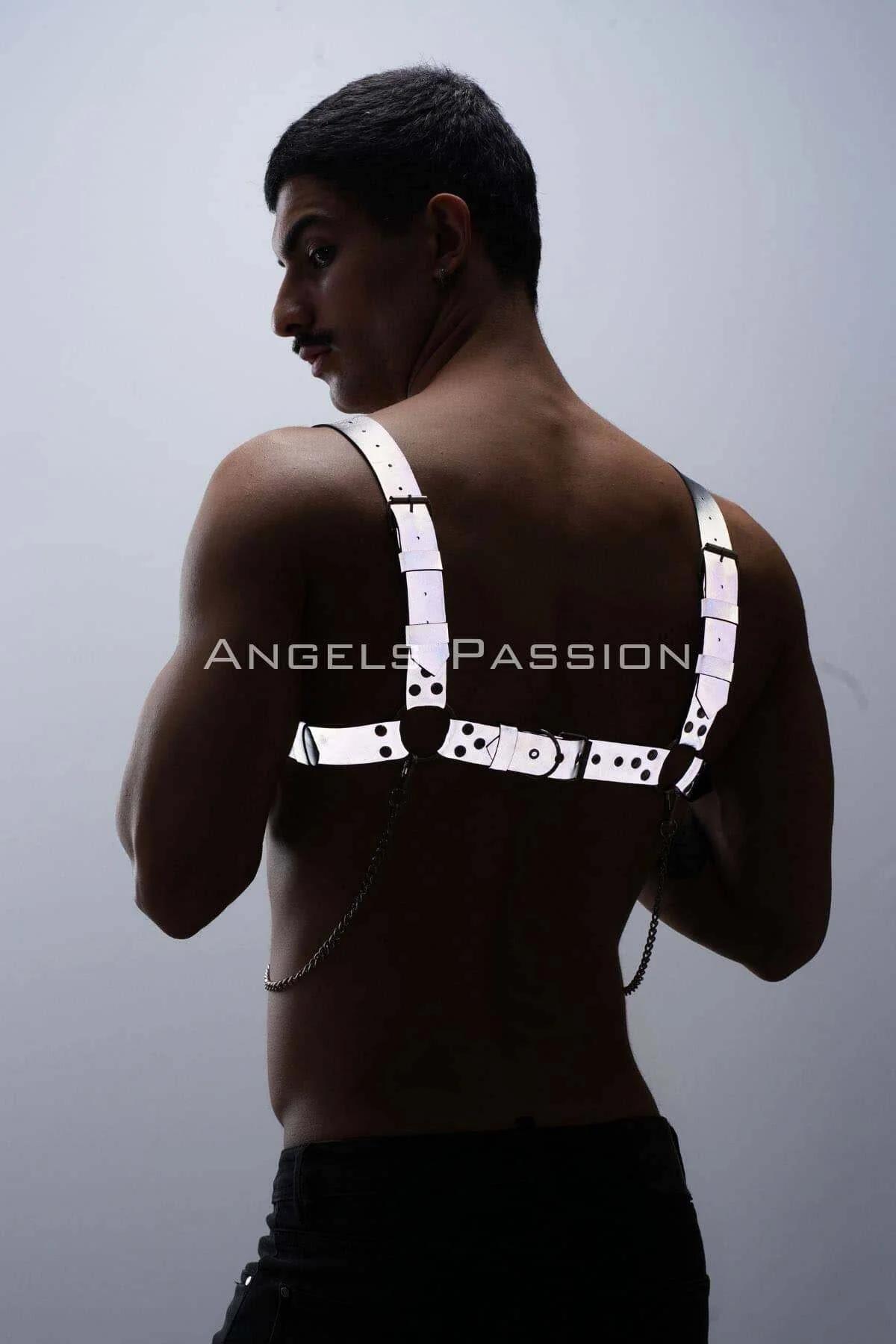 Reflektörlü (Karanlıkta Parlayan) Zincir Detaylı Şık Erkek Göğüs Harness, Reflektörlü Clubwear - APFTM109