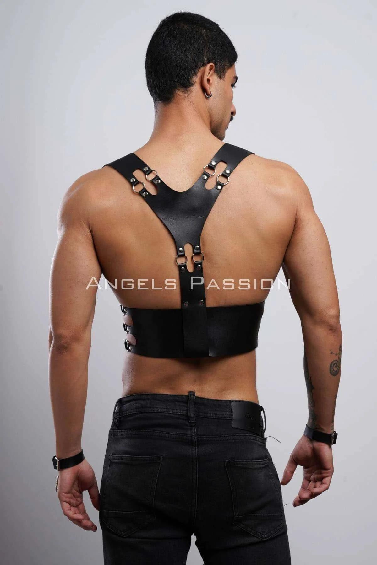 Deri Erkek Club Giyim, Fantezi Erkek Giyim, Deri Kelepçeli Erkek Harness - APFTM118