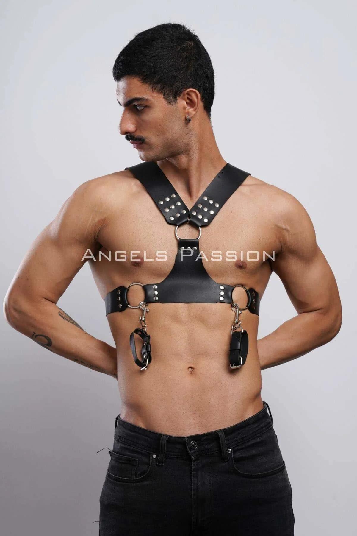 Kelepçeli Erkek Göğüs Harness, Deri Erkek Fantezi Harness, Kelepçeli Erkek Harness - APFTM121