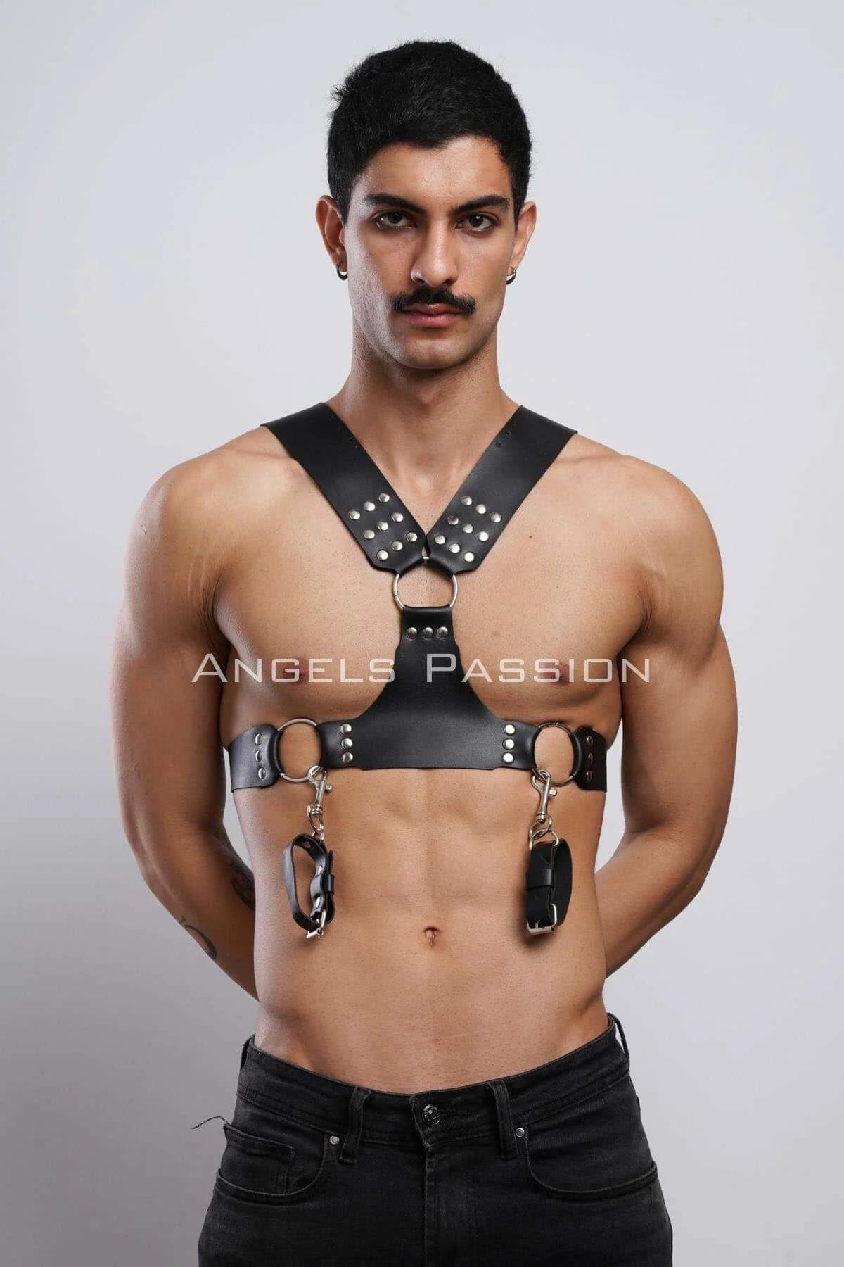 Kelepçeli Erkek Göğüs Harness, Deri Erkek Fantezi Harness, Kelepçeli Erkek Harness - APFTM121