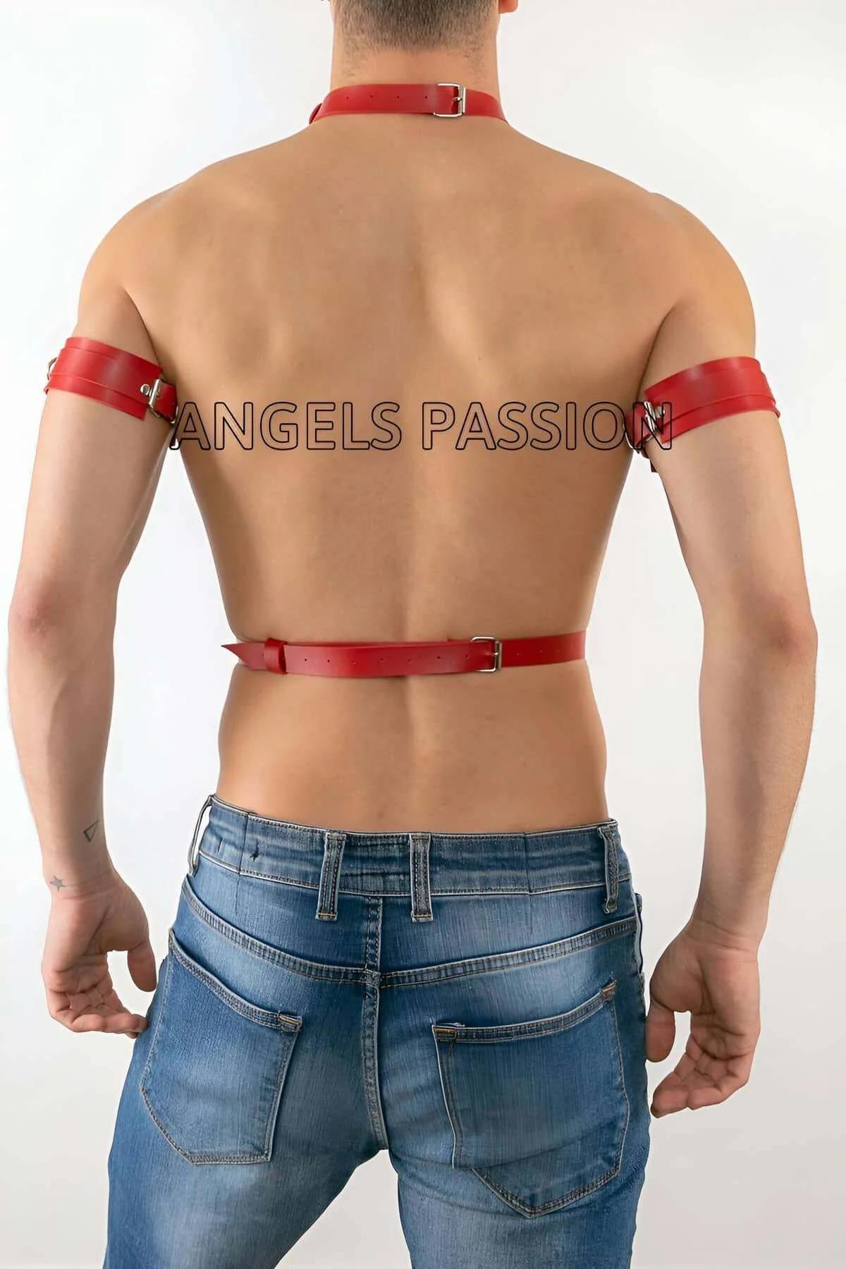 Kırmızı erkek harness takımı önden görünüm, göğüs kayışı ve bel bandı gümüş metal O-halkalı