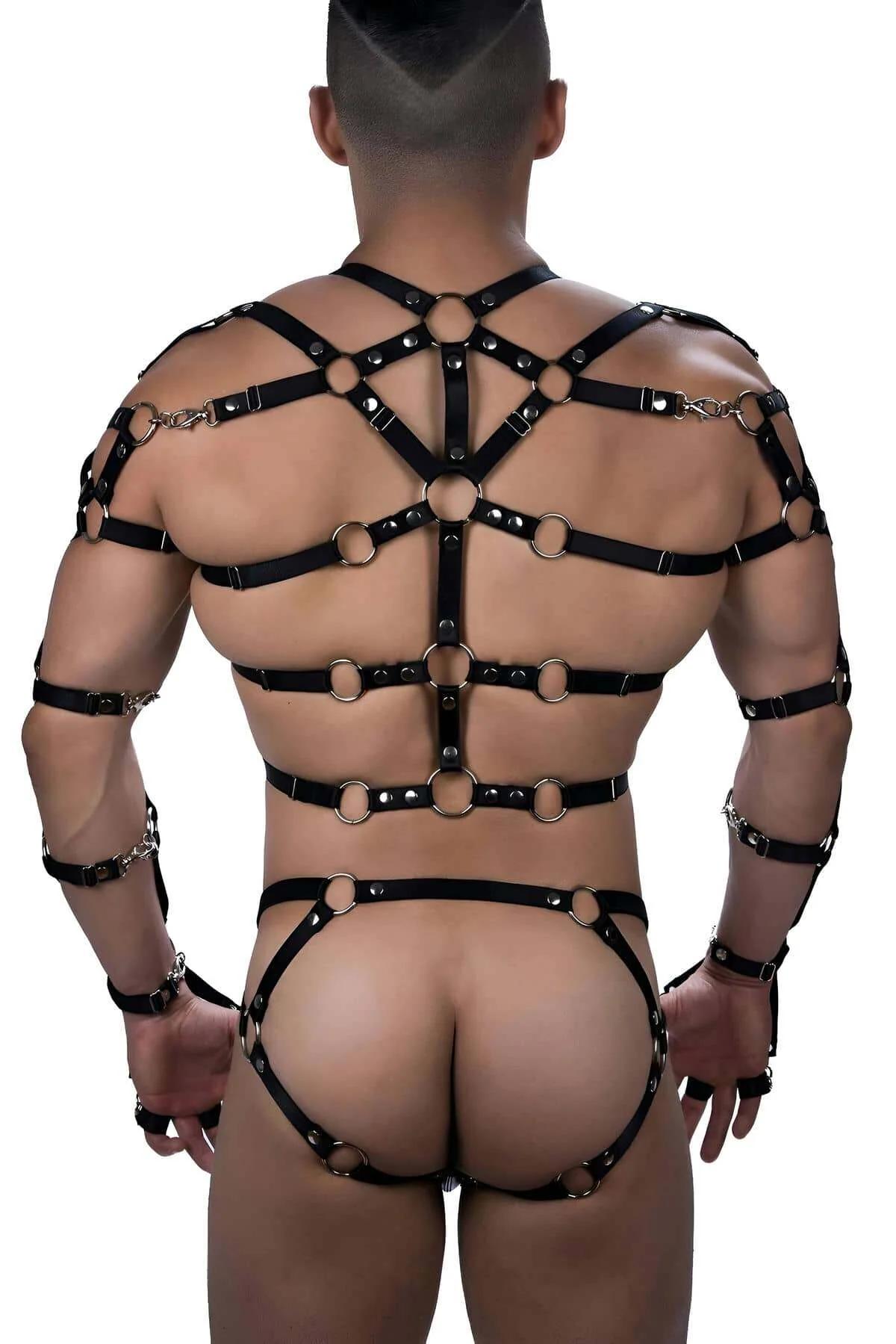 Gümüş zımba perçinler ve O-halka bilek konnektör detaylı siyah PU deri kafes kol kılıfı harness'ı