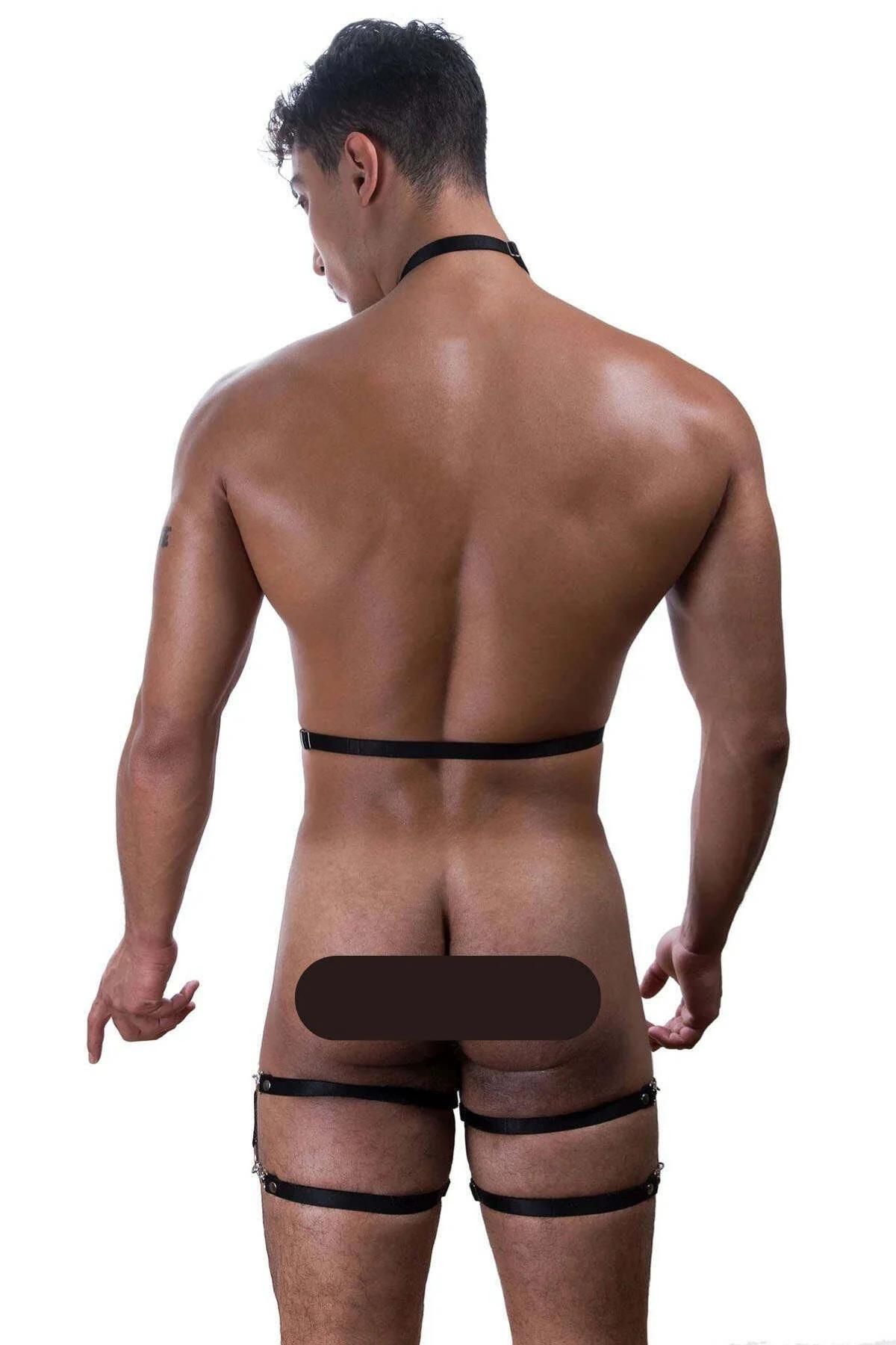 Zincir vurgu detayı ve çıtçıt kapamali siyah tam vücut harness boyun boyunluğu
