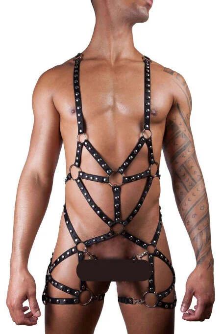 erkek tam vücut harness siyah bantlar göğüs çapraz yıldız geometrisi gümüş O-ring