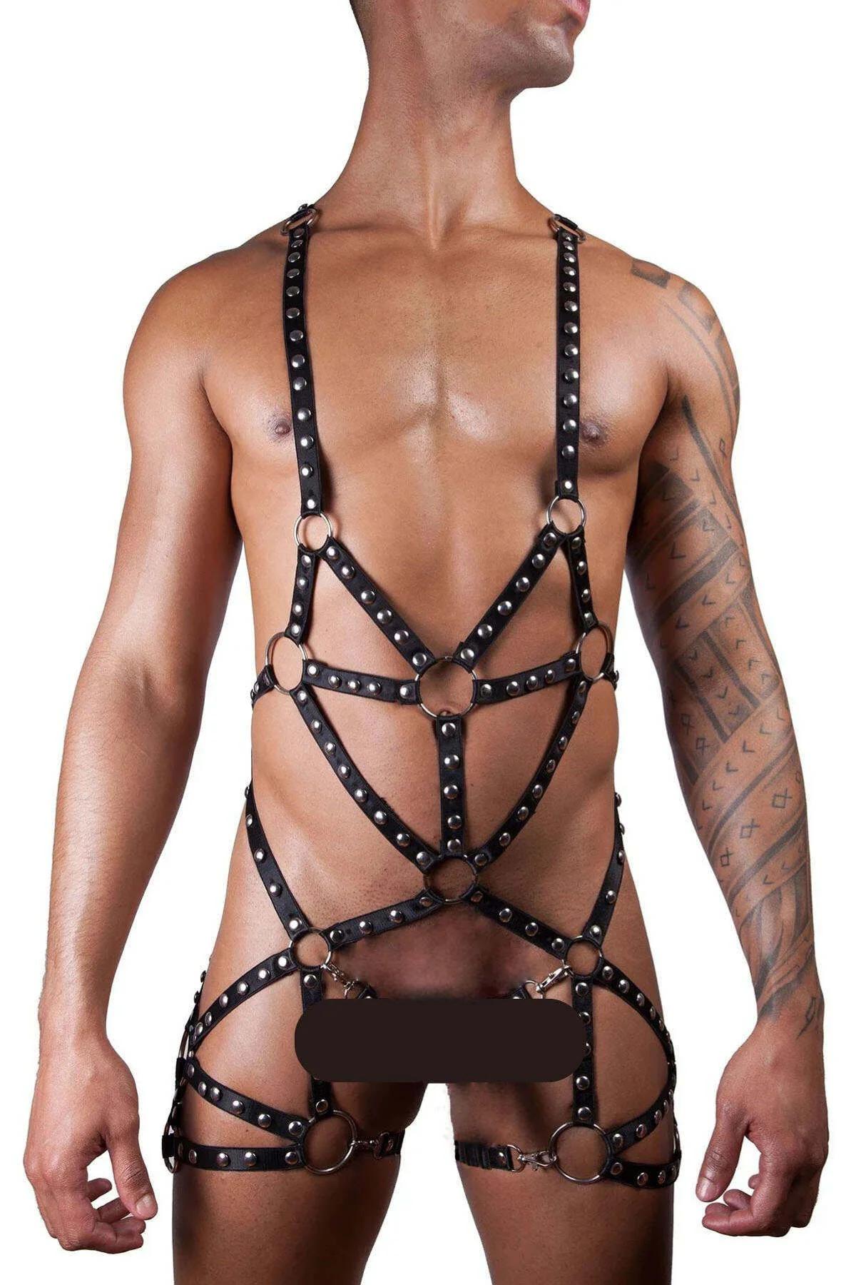 erkek dody harness bel ve uyluk bantları gümüş toka detayı siyah PU deri