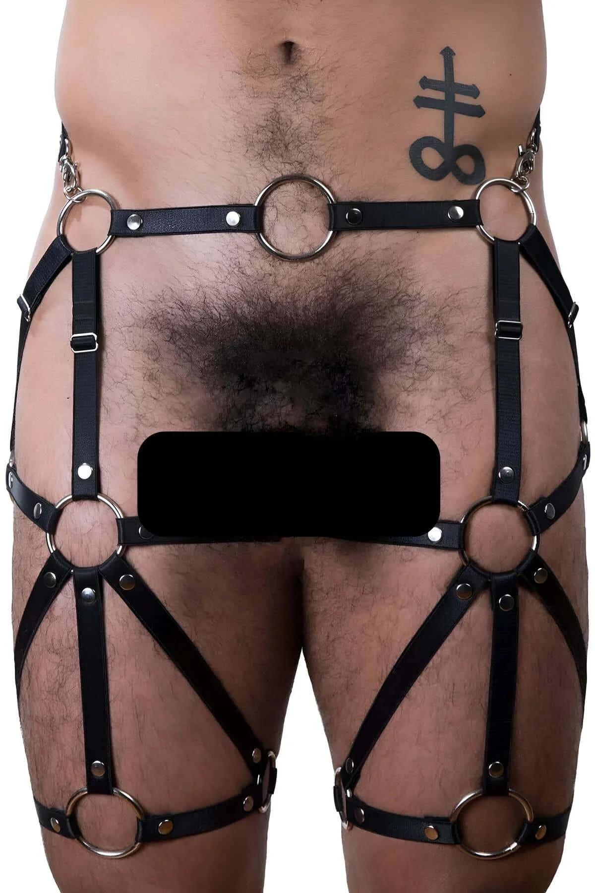 erkek jartiyer harness uyluk halkası çapraz şerit detayı siyah altın