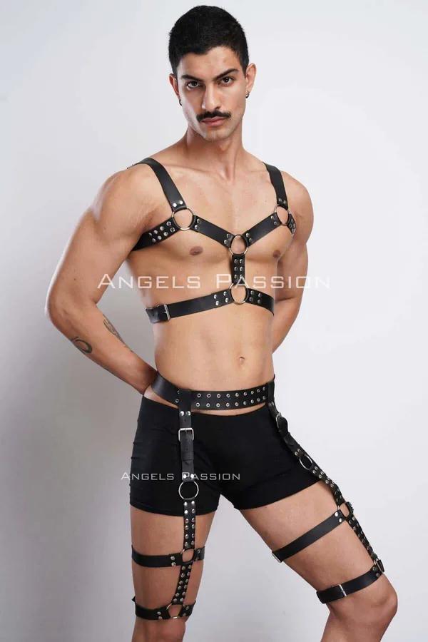 siyah vegan deri erkek göğüs ve bacak harness takım, gümüş O-halka ve perçin detaylı iki parçalı set