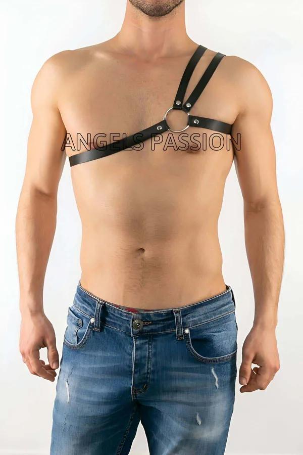 asimetrik siyah vegan deri erkek harness tek omuz çift kayış gümüş O-halka göğüs askısı