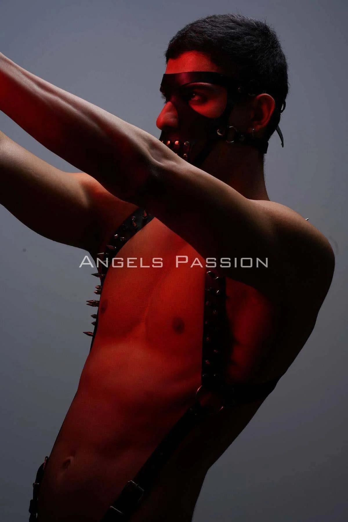 Çivi Detaylı ve Maskeli Erkek Harness Takım, Erkek Clubwear, Erkek Göğüs Harness - APFTM204