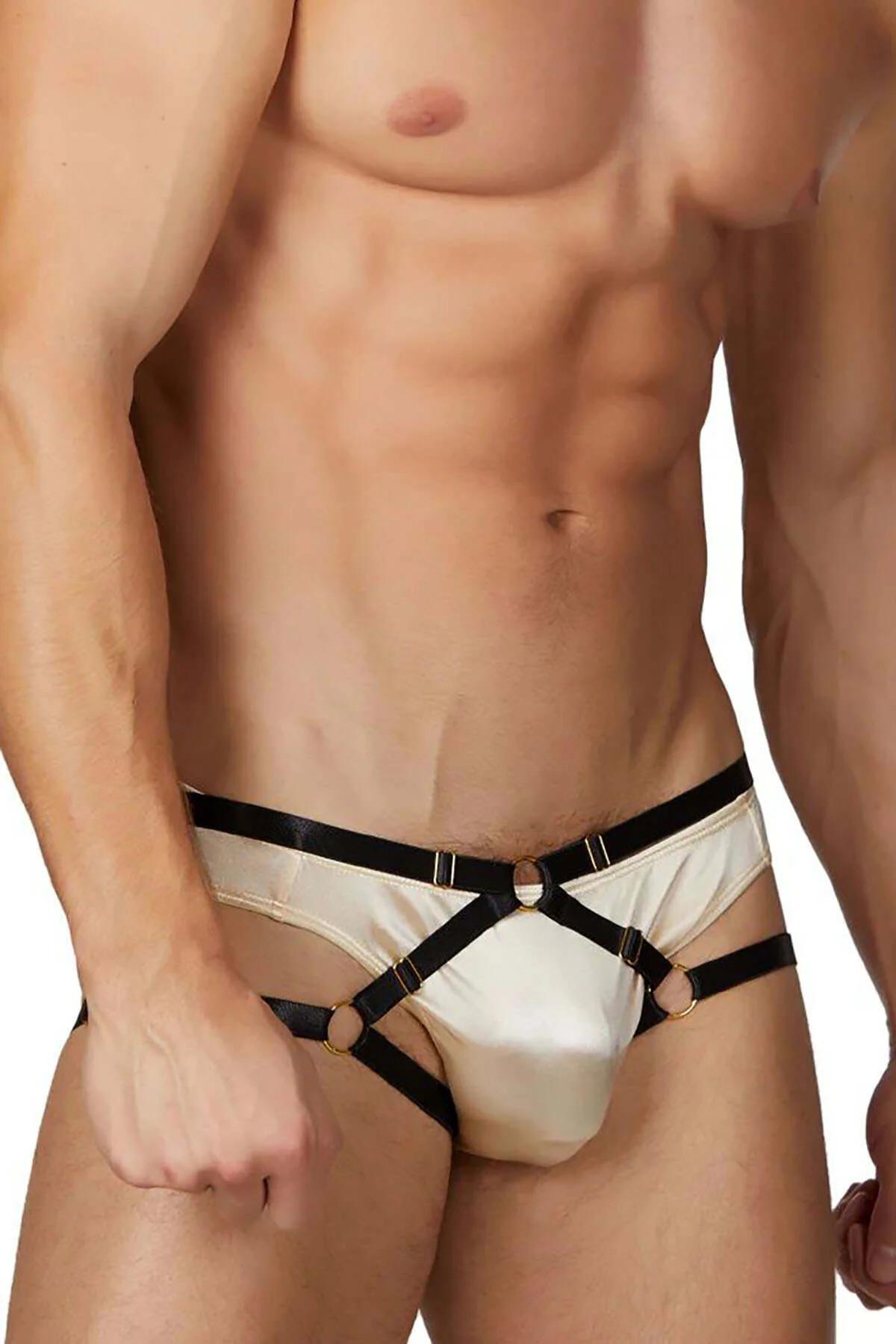 Altın donanımlı krem ve siyah renk kontrastlı askılı harness slip yan açısı