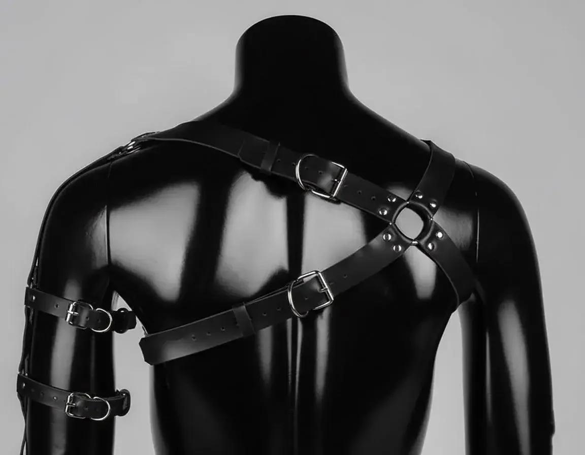 Yatay göğüs bandı ve ayarlanabilir toka detayını gösteren siyah asimetrik tek omuz harness yan açı