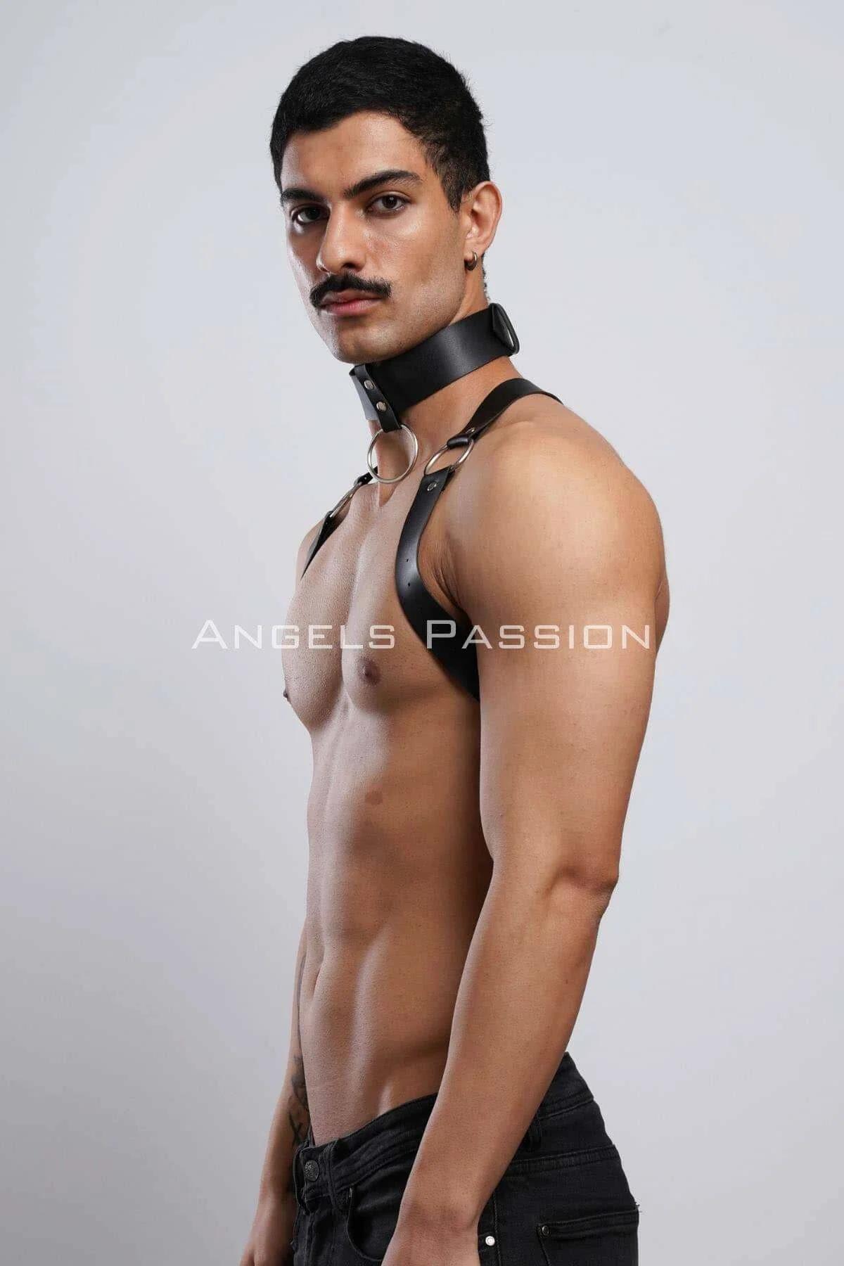 siyah vegan deri erkek choker harness seti arka bantlar ve toka detayı