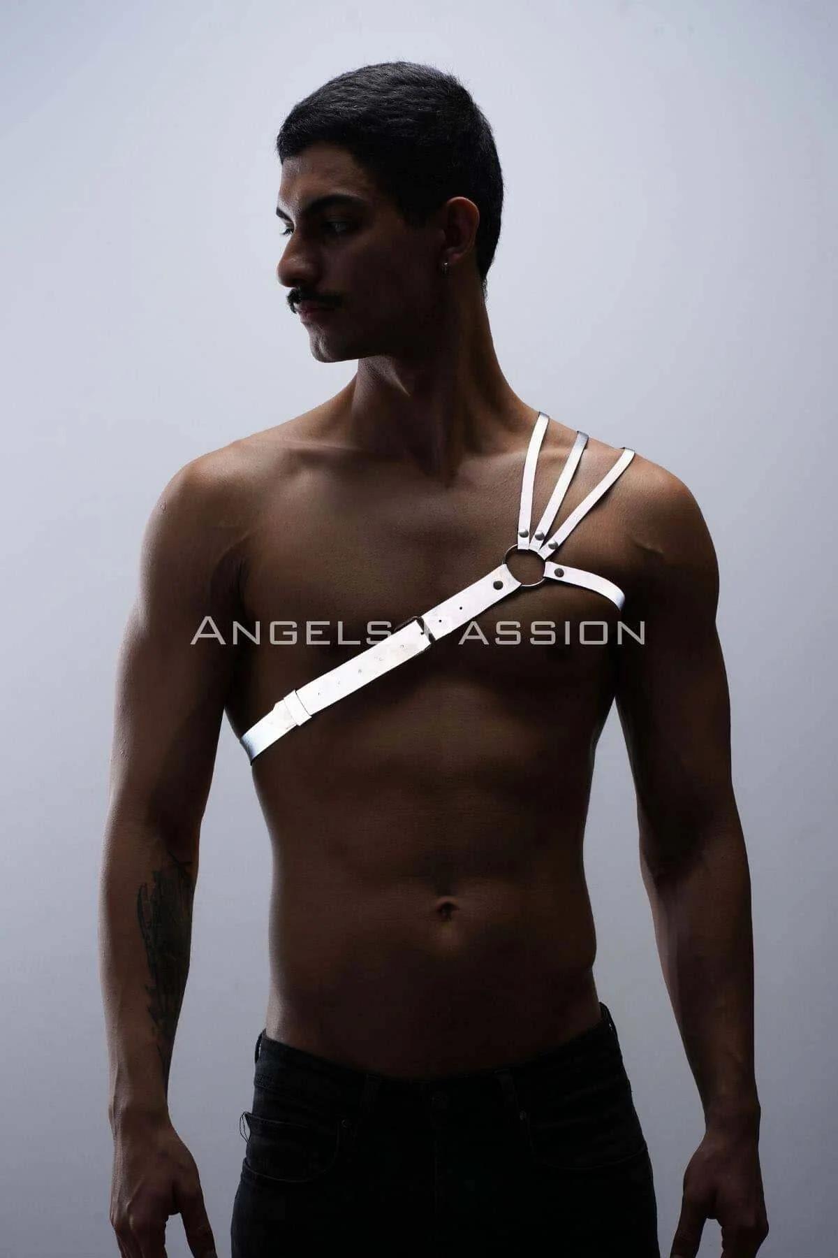 Reflektörlü (Karanlıkta Parlayan) Omuz Detaylı Şık Erkek Göğüs Harness, 3 Çizgili Harness - APFTM45