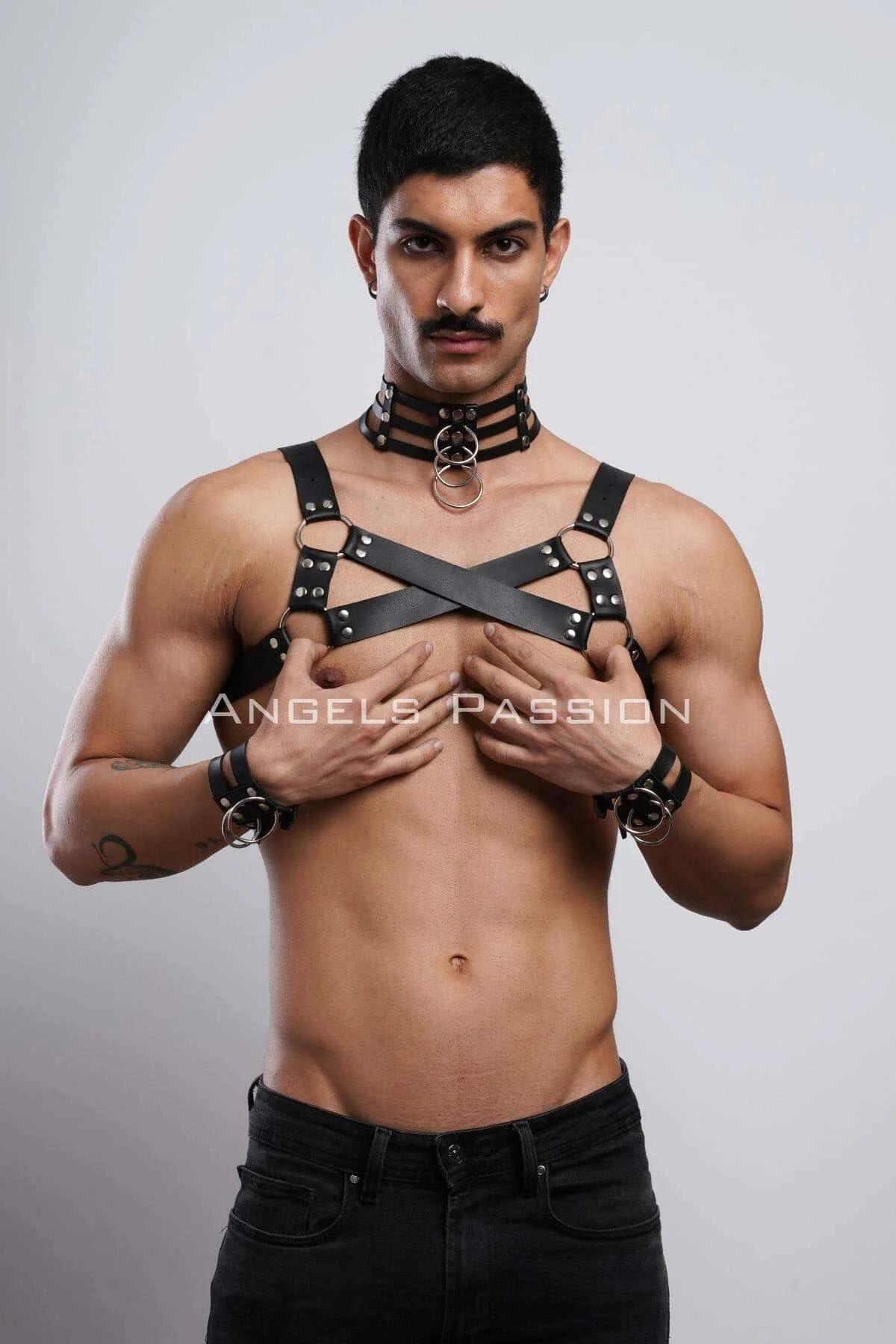 Üçlü siyah vegan deri boyun tasması gümüş O-halka pendant, erkek partywear aksesuar