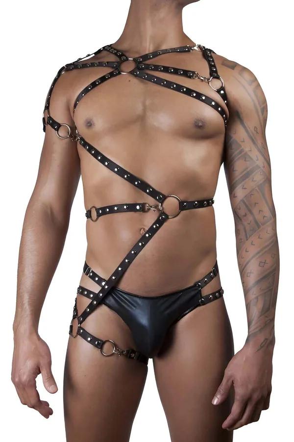 siyah lastik erkek harness çapraz bantlı altın O-halkalı ve metal perçinli tam vücut tasarım