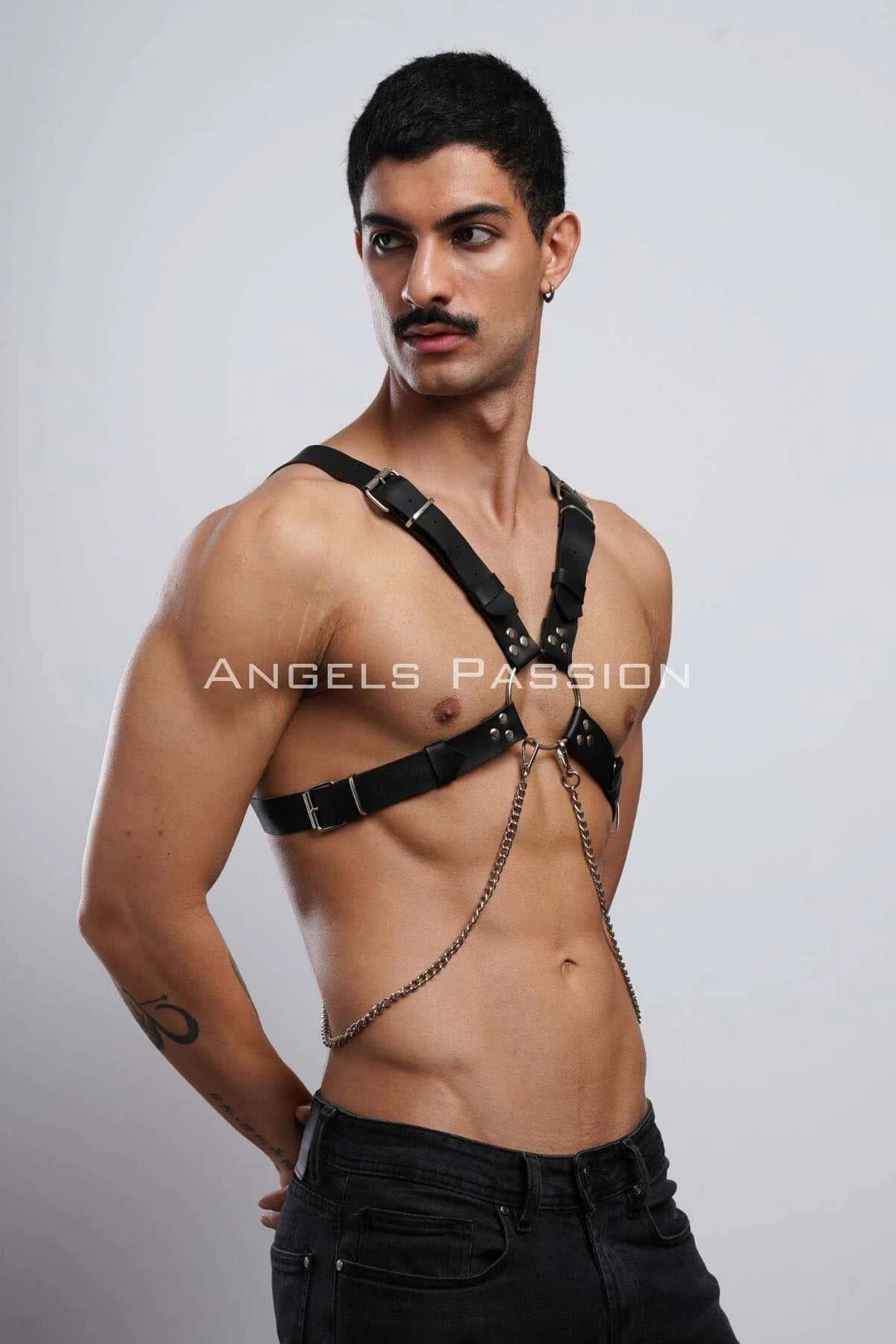 Zincir Detaylı Deri Erkek Göğüs Harness, Partywear, Clubwear - APFTM95