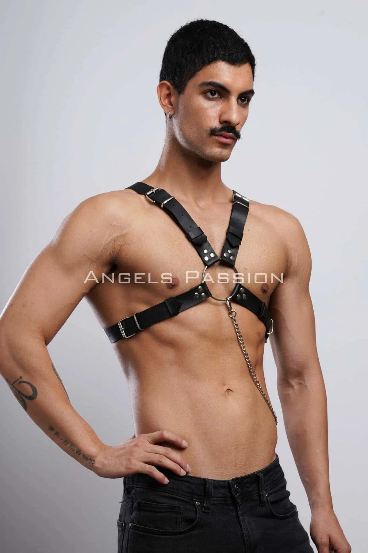 Zincir Detaylı Deri Erkek Göğüs Harness, Partywear, Clubwear - APFTM95