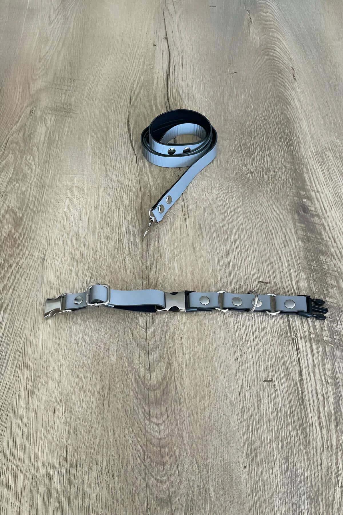 gri reflektörlü kedi harness yan görünüm gümüş D-ring ve perçin detayı