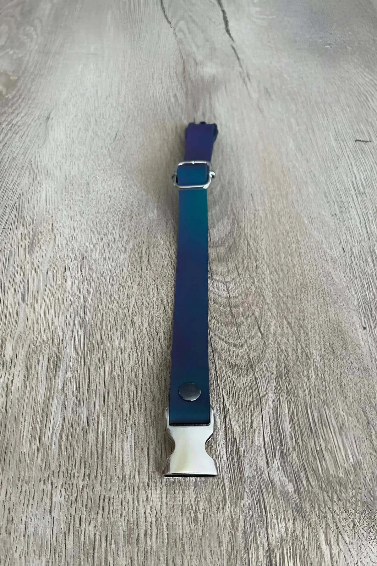 Ahşap yüzeyde düz yatan gümüş metal hızlı açılan tokalı mavi reflektör ayarlanabilir kedi tasması