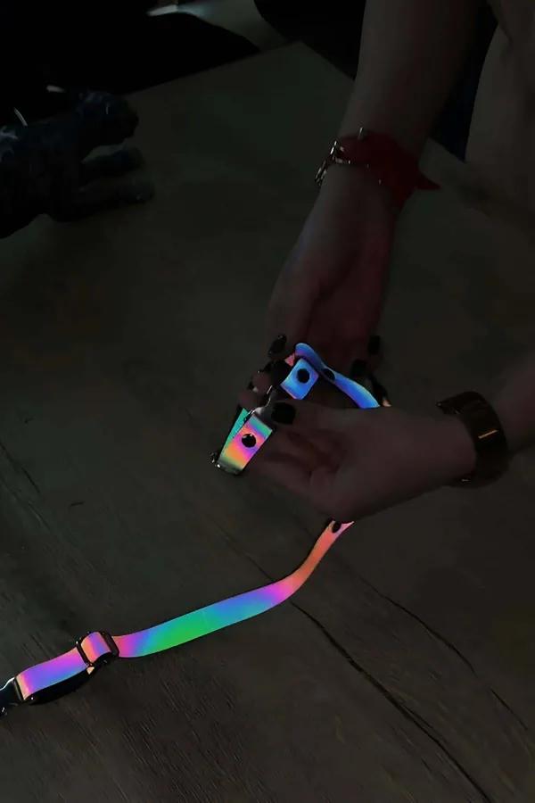Gümüş tokalar ve D-halkalı iridescent çok renkli askılı gökkuşağı reflektör vücut harness