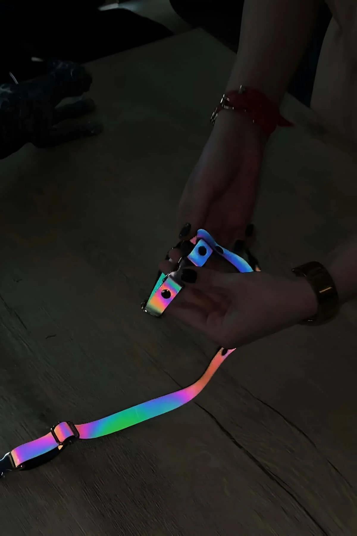 Gümüş tokalar ve D-halkalı iridescent çok renkli askılı gökkuşağı reflektör vücut harness