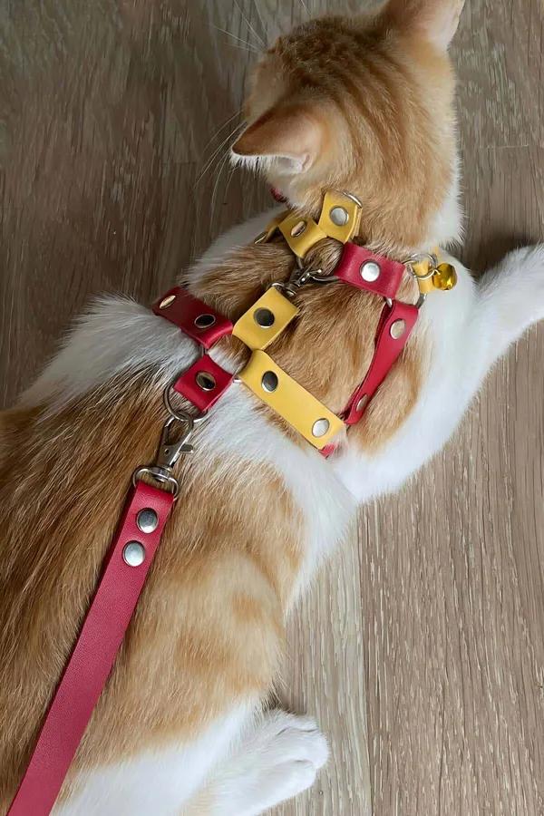 Gümüş D-halka perçinli ve altın çanlı kırmızı sarı suni deri ayarlanabilir kedi göğüs harness