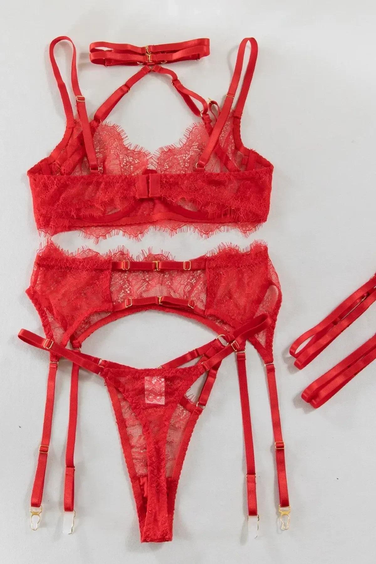 Soft Silky Lace 4-Piece Lingerie Set - Floral Embroidery, Strappy Panties